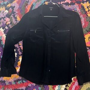 Ann Taylor Black Silk Button-Up Shirt with Zippered Pockets size 8